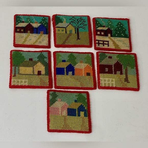 (Lot of 7) 1940s WWII Era Homemade Hand Knitted Country House Scene Coasters - Picture 7 of 12